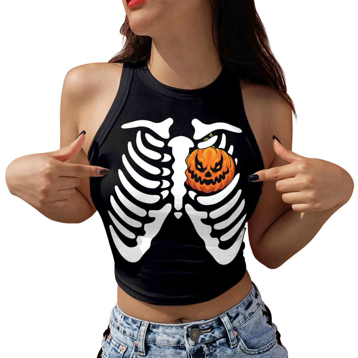Skeleton Head Digital Print Short Crop Top for Summer