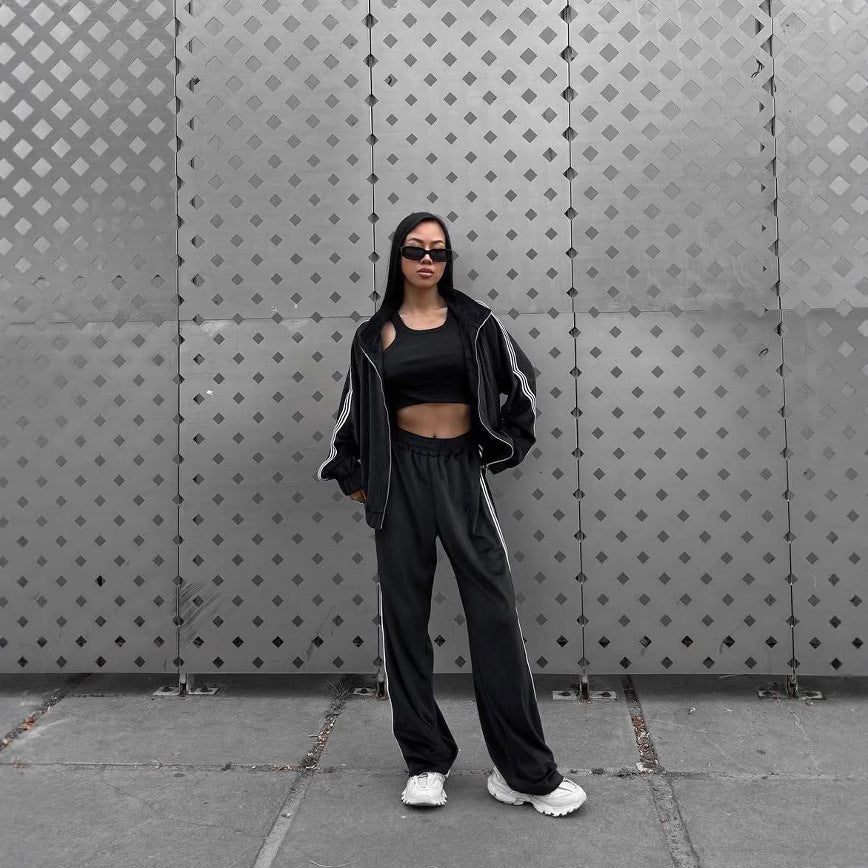 Sporty Casual Hooded Jacket Loose Color-block Striped Wide-leg Pants Two-piece Set for Women