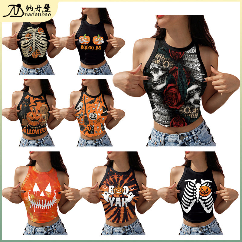Skeleton Head Digital Print Short Crop Top for Summer