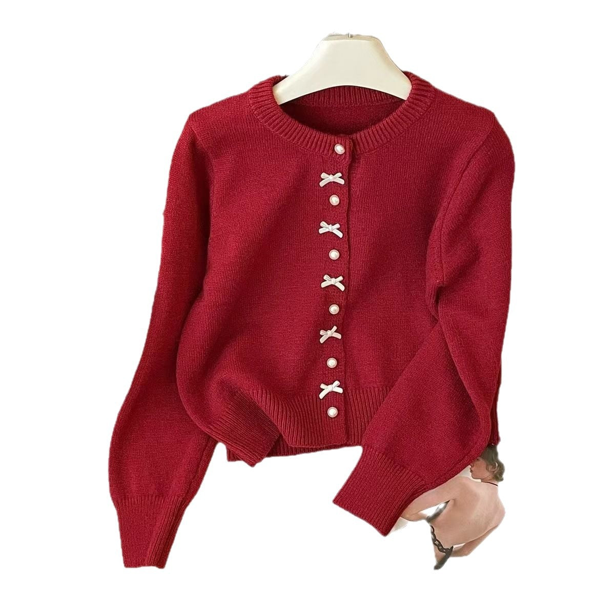 Butterfly knot pearl button knitted cardigan