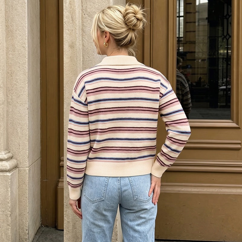 Striped Polo collar long sleeved sweater for women