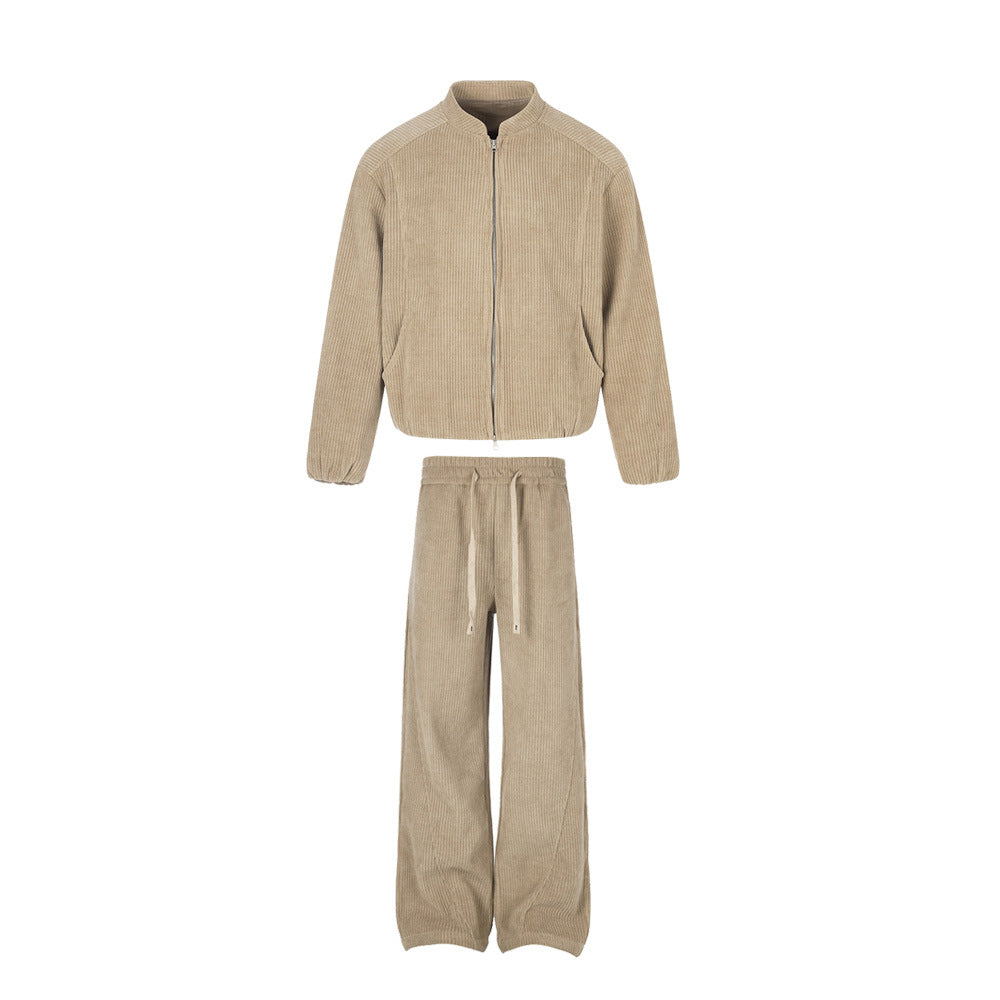 Sports suit with double zipper stand up collar jacket