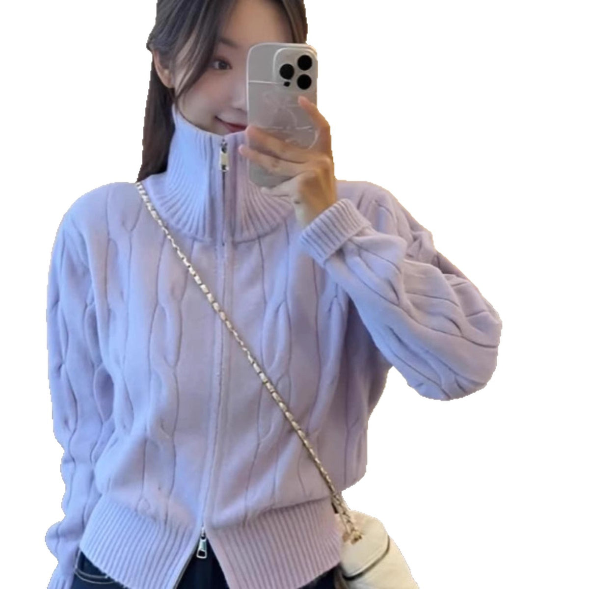 High neck double zipper sweater jacket for women
