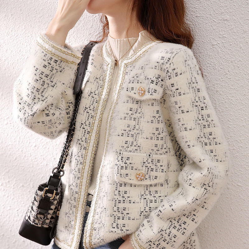Round neck mink fur sweater jacket for women