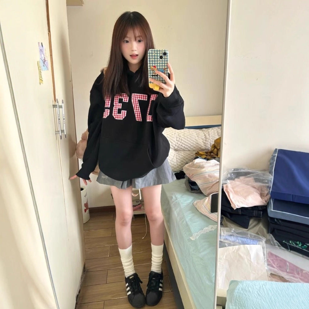 Hooded Sweatshirt for Women with Digital Check Pattern, Fleece-Lined, Casual Pullover Top
