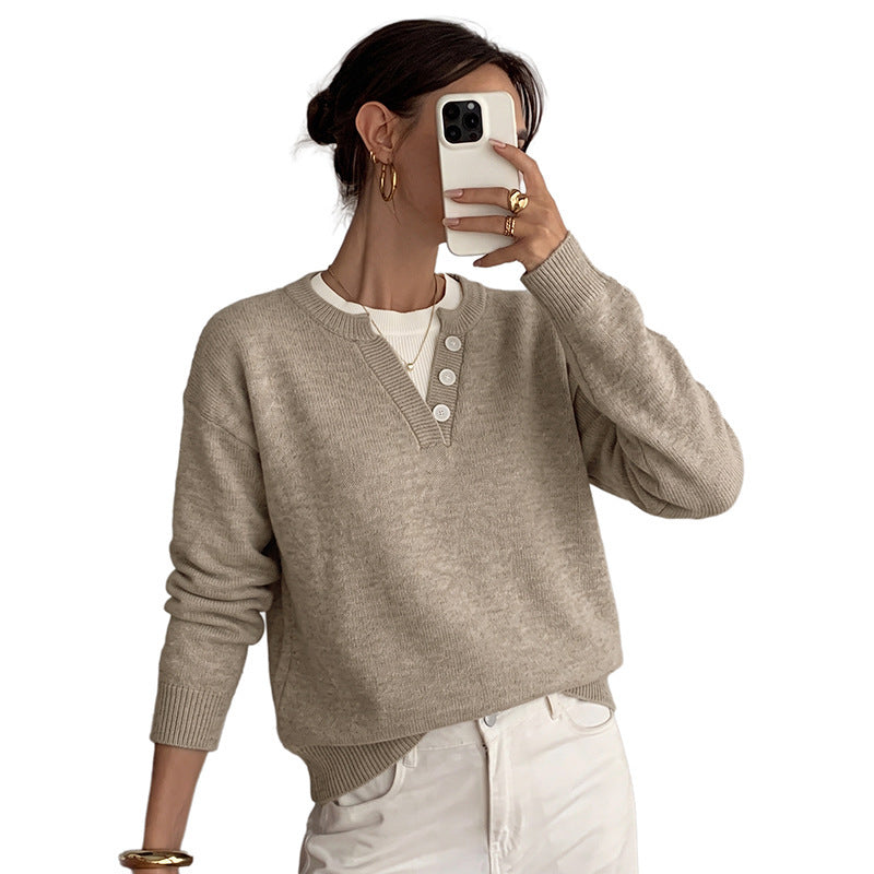 Loose V-neck fake two sweaters for women