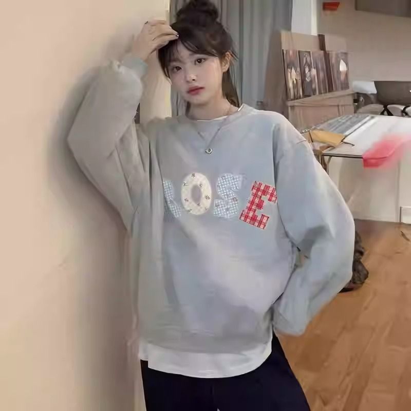 Round Neck Sweatshirt for Women, Loose Fit, Versatile, Fleece Lined, Casual Commute Hoodless Top