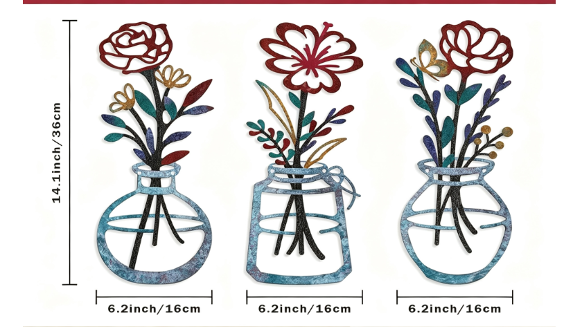 Three piece metal flower wall decoration flower black flower bottle minimalist art wall decoration living room bathroom home bed