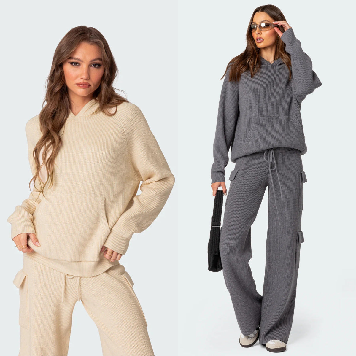 Hooded Casual Knit Sweater Set for Women