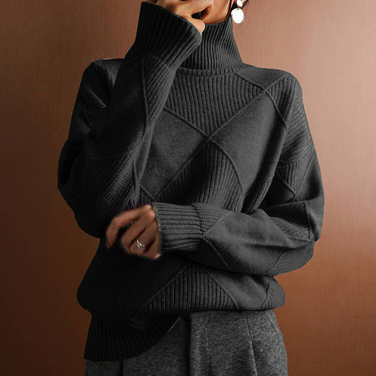 Commuter Knitwear Solid Color High Neck Diamond Sweater for Women