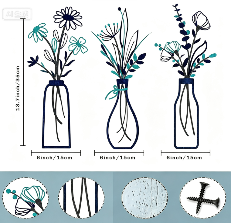 Hot selling Wall Decoration Background Iron Art Painting New Metal Vase Wall Hanging Wall Decoration Bedroom Living Room Home Fu