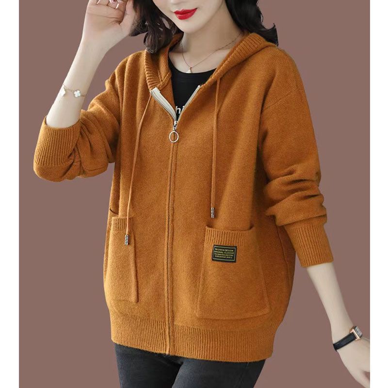 Zipper sweater with cap knit sweater jacket for women