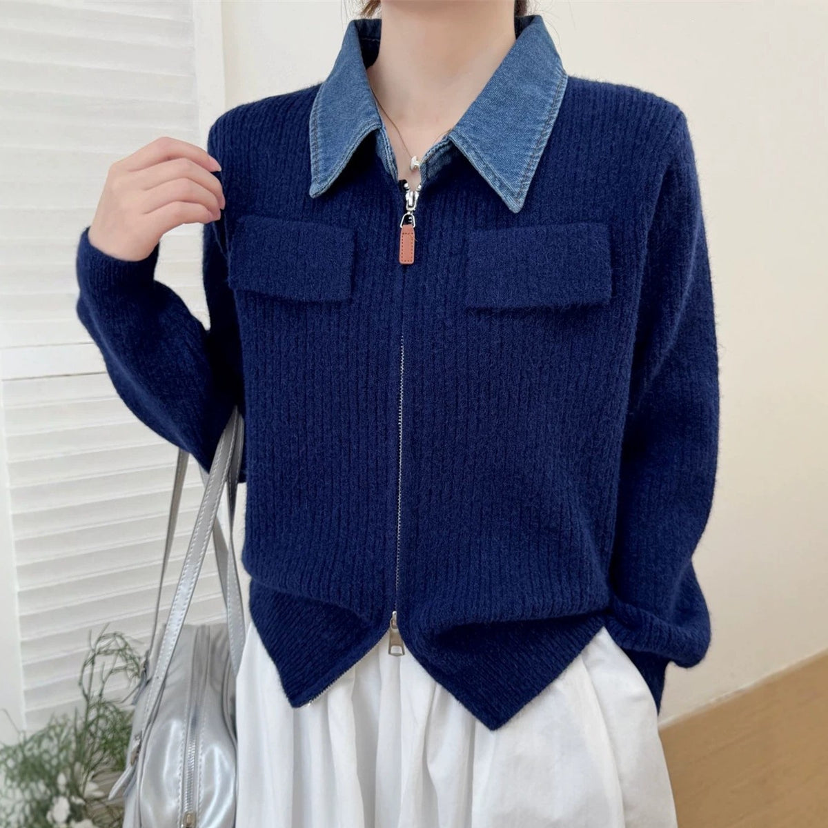 Double zipper knitted cardigan jacket for women