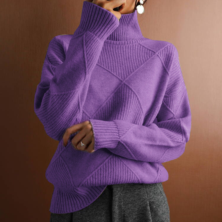Commuter Knitwear Solid Color High Neck Diamond Sweater for Women