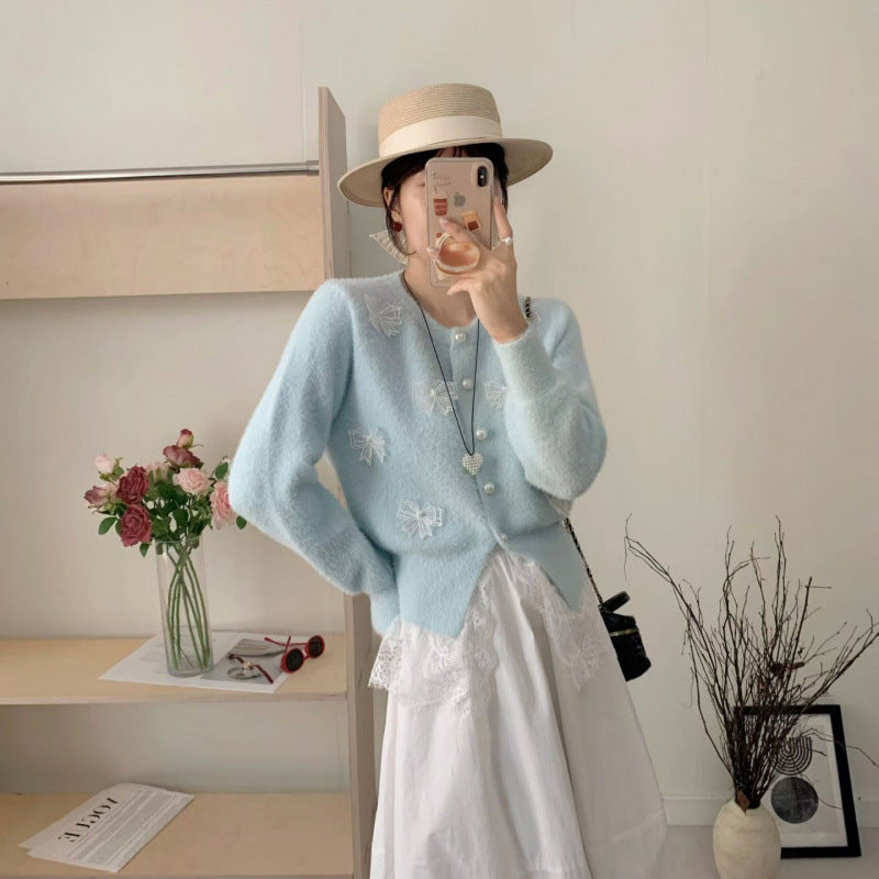 Gentle Style Elegant Embellished Bow Knit Cardigan for Women Sweater Coat