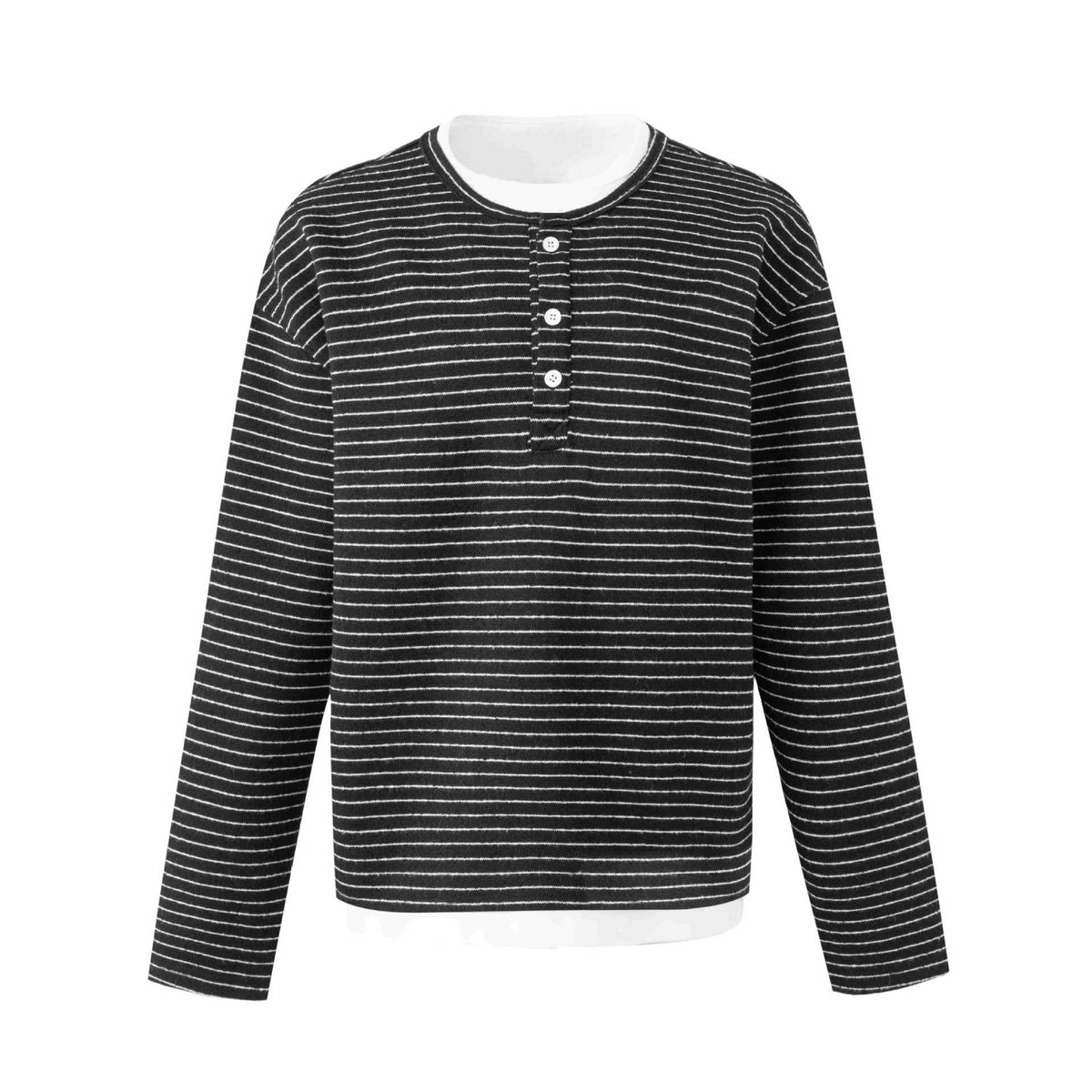 Trendy Stripe Henley Neck  Long Sleeve Loose Fit T-Shirt