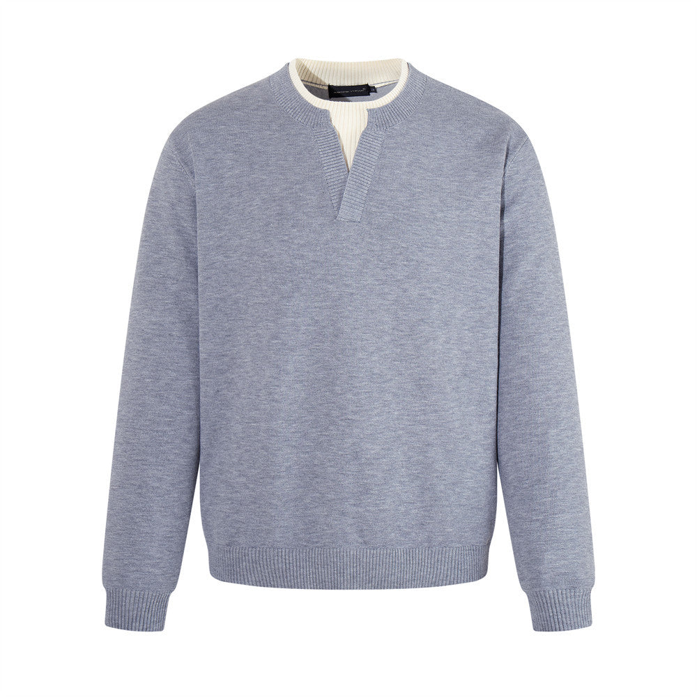 Color blocked V-neck fake two piece long sleeved knitted sweater