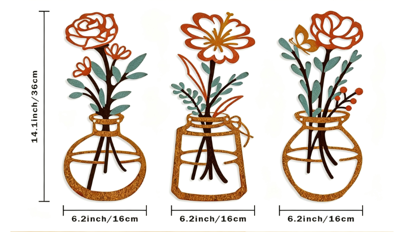 Three piece metal flower wall decoration flower black flower bottle minimalist art wall decoration living room bathroom home bed