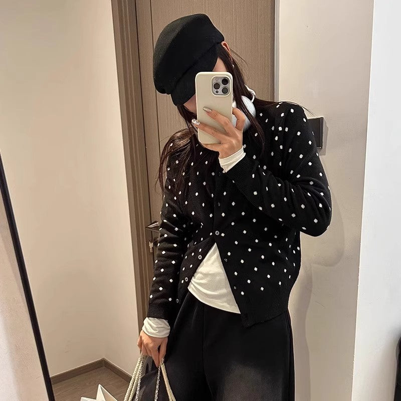 Grey polka dot knitted cardigan for women