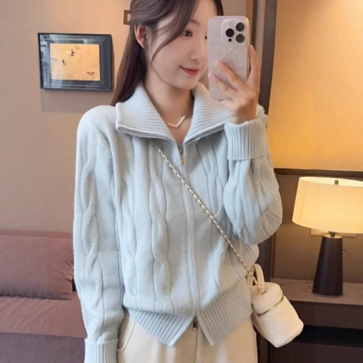 High neck double zipper sweater jacket for women