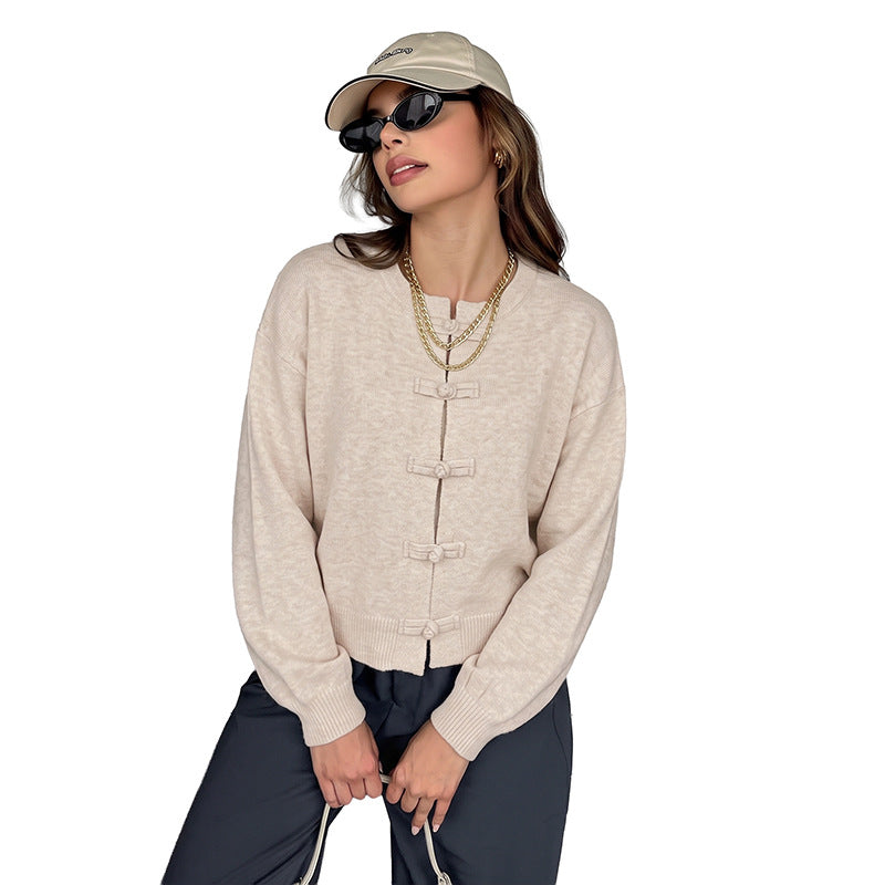 Solid color new Chinese style buttoned sweater jacket