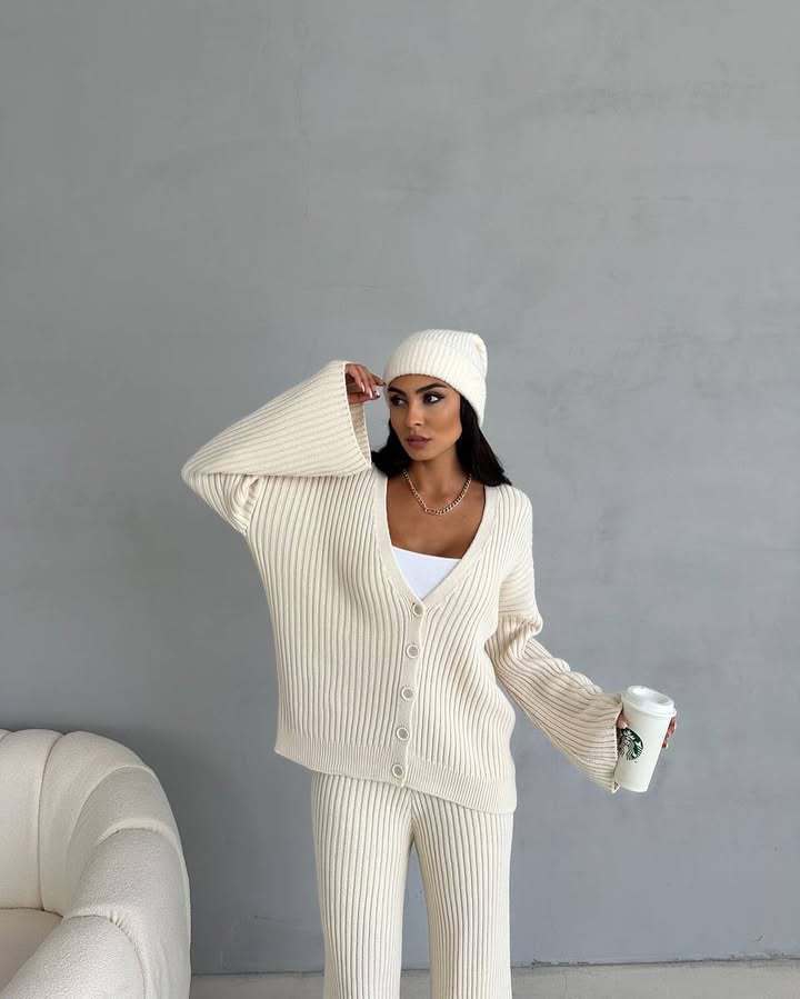 Casual Women's Solid Color Long Sleeve Buttoned Cardigan and Pants Set
