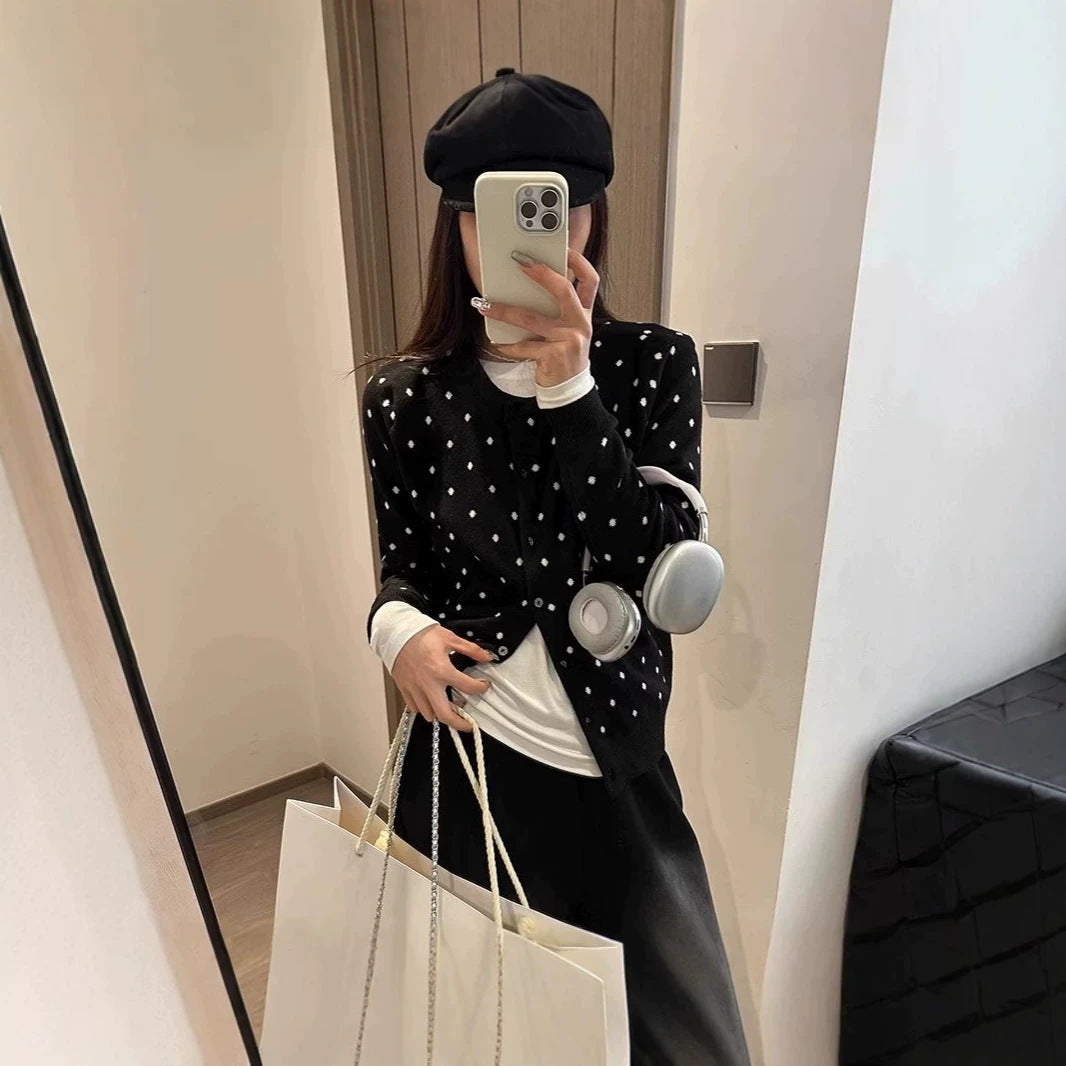Grey polka dot knitted cardigan for women