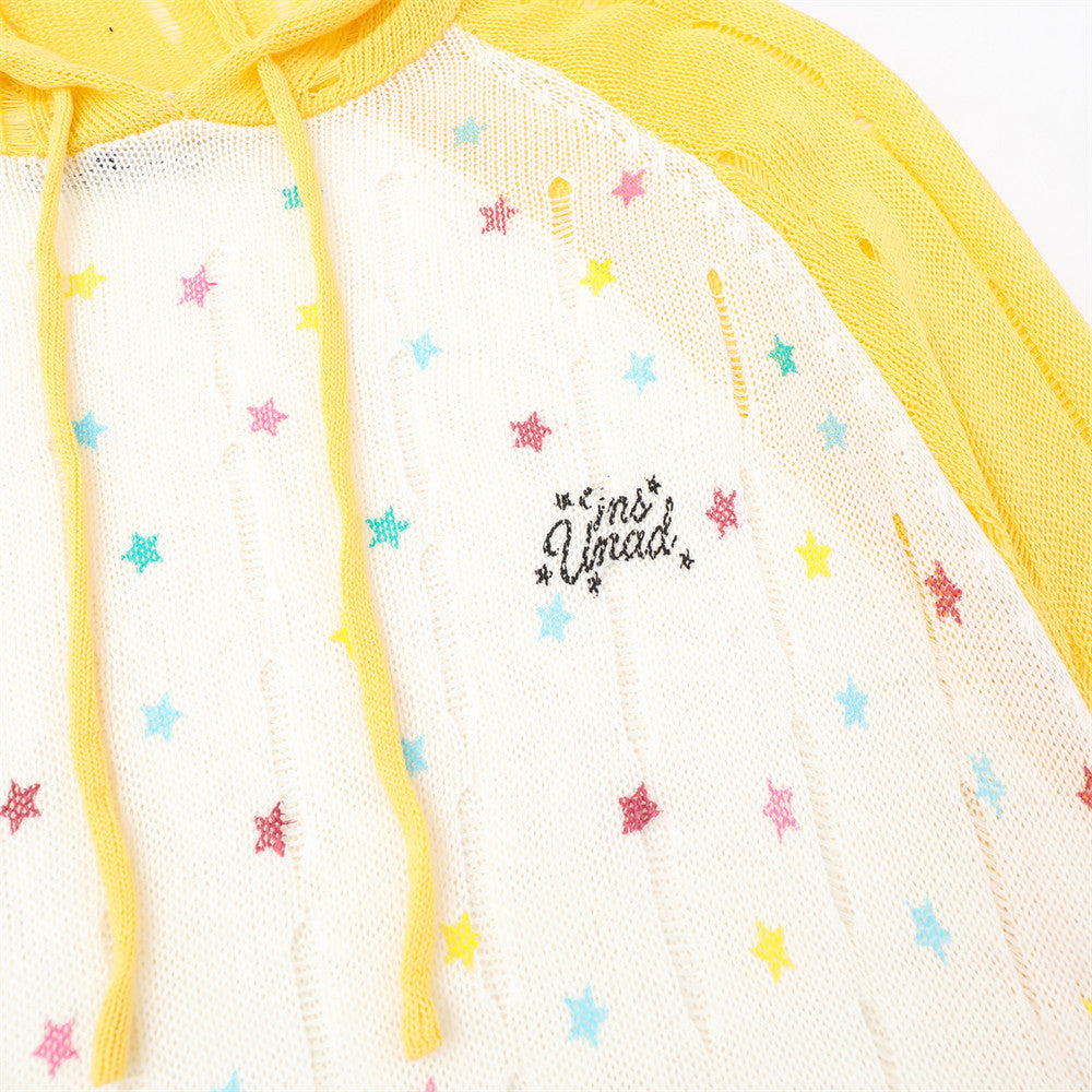 Starry Sky Splicing Color blocked Shoulder Long Sleeve Hoodie Knitted Sweater