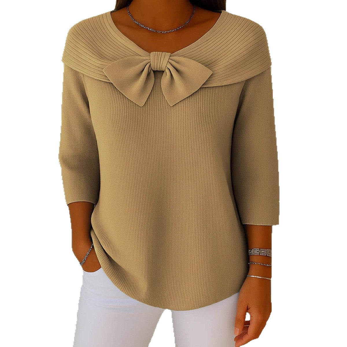 French long sleeved shirt with bow tie sweater for women