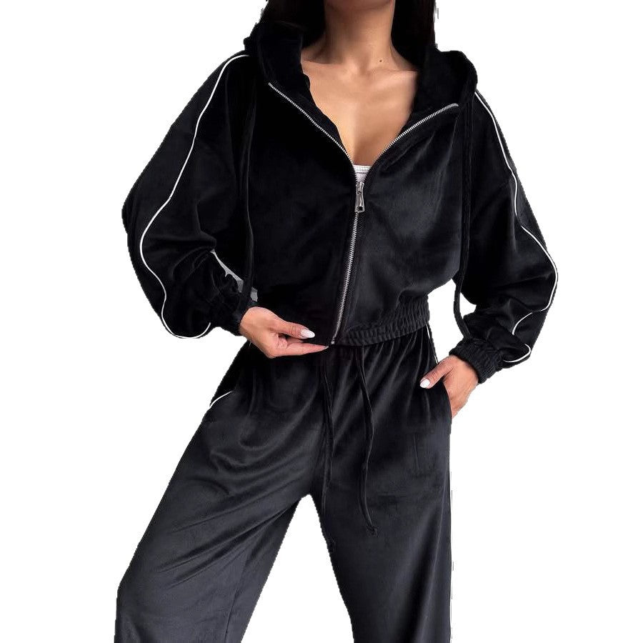 Set with Stripe Hooded Zip-Up Jacket and Tie-Waist Wide-Leg Pants for Women