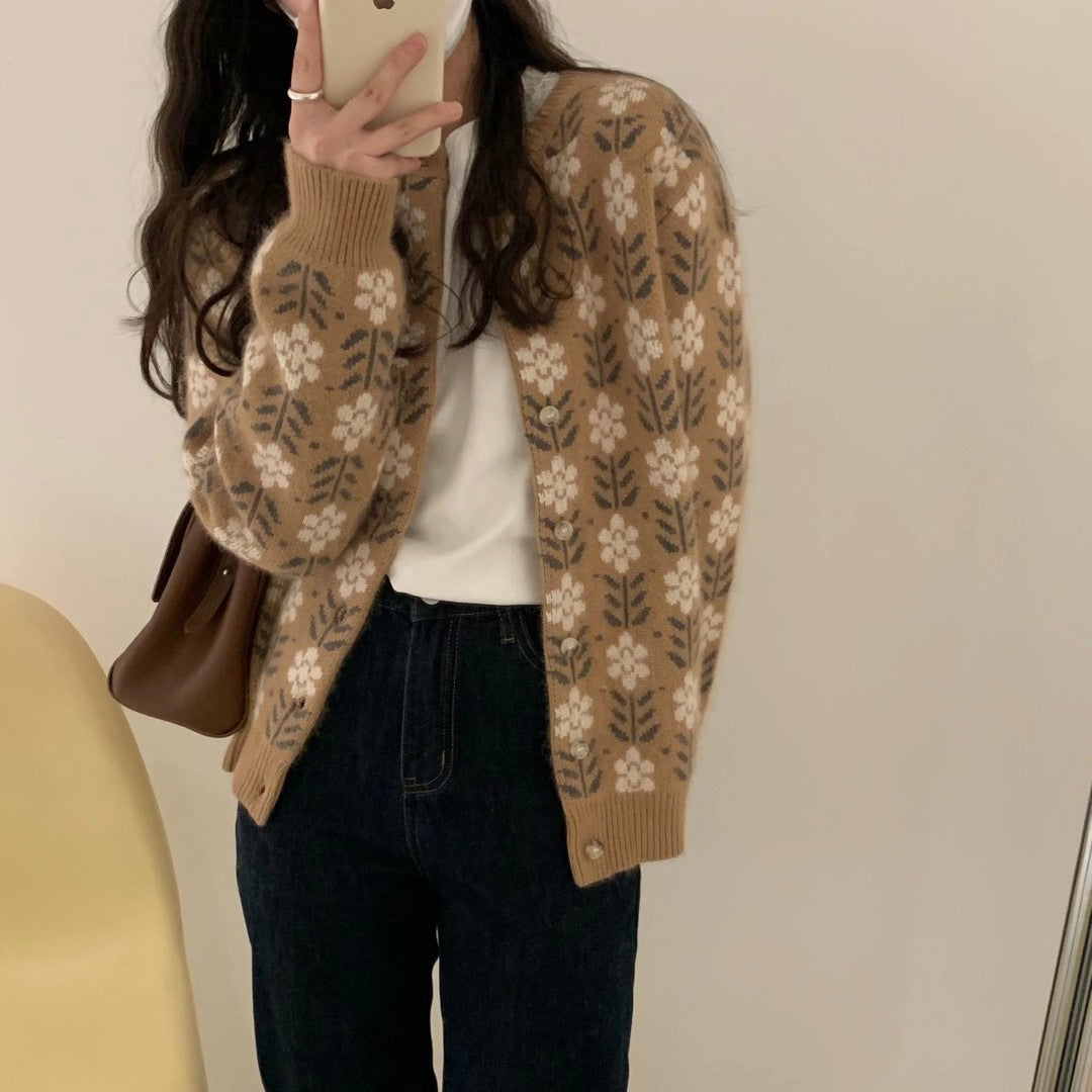 Retro jacquard sweater women's round neck cardigan jacket