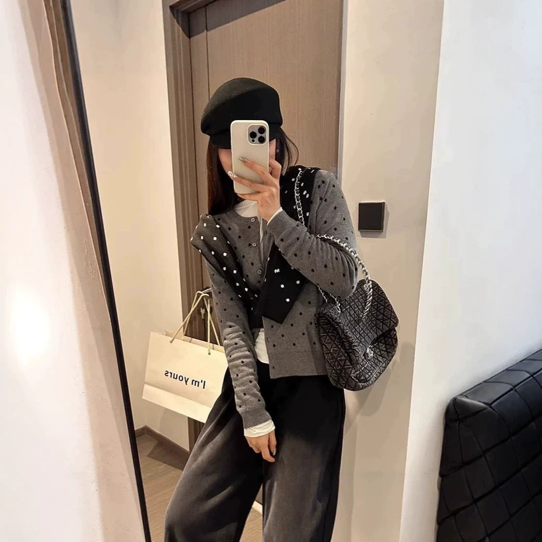 Grey polka dot knitted cardigan for women