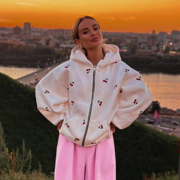 Cherry Print Hoodie Coat Street Style oose Versatile Sporty Hoodie