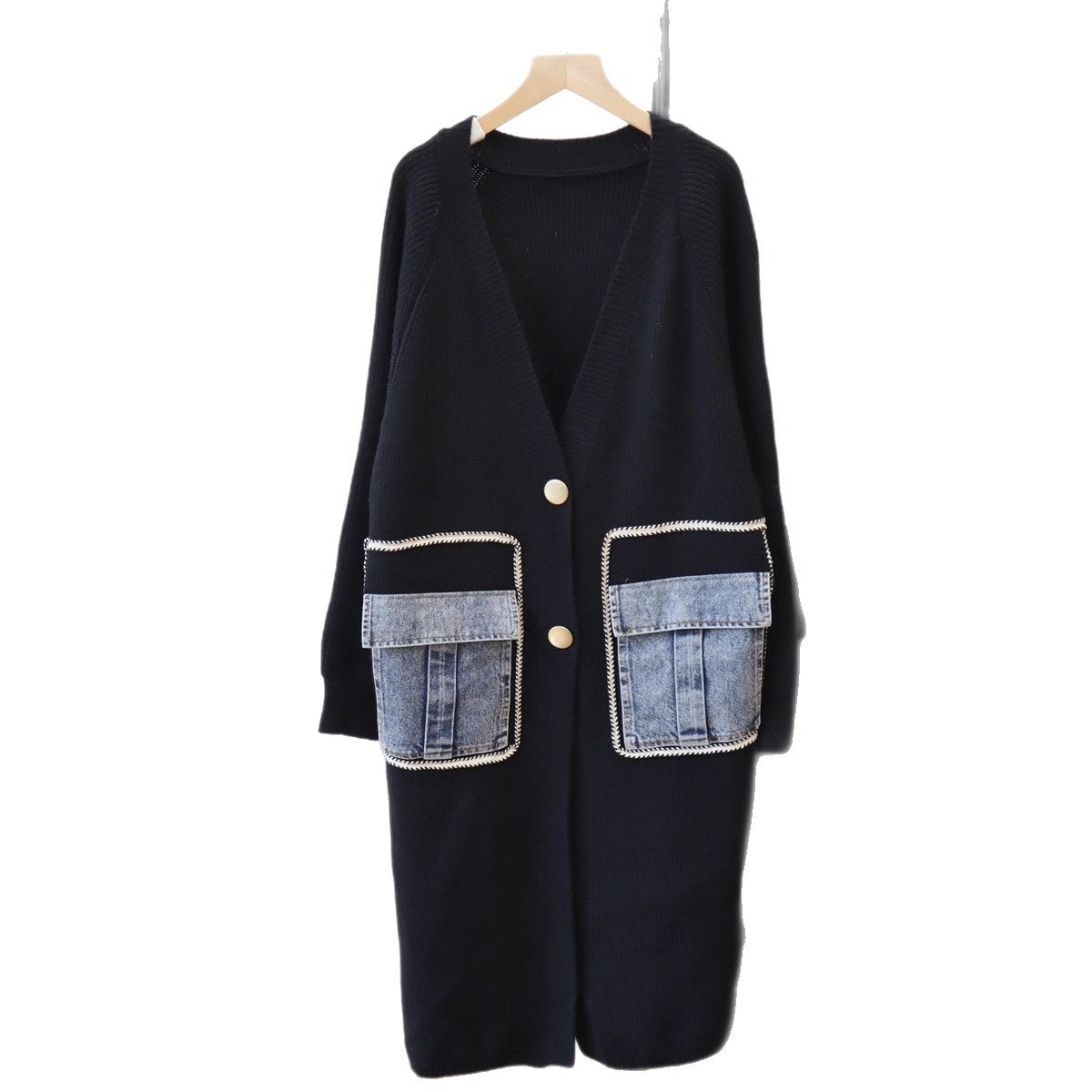 Long spliced denim pocket sweater