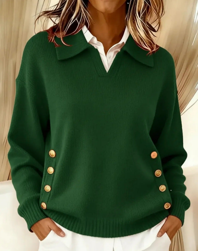 Casual lapel button lapel solid color knitted sweater for women
