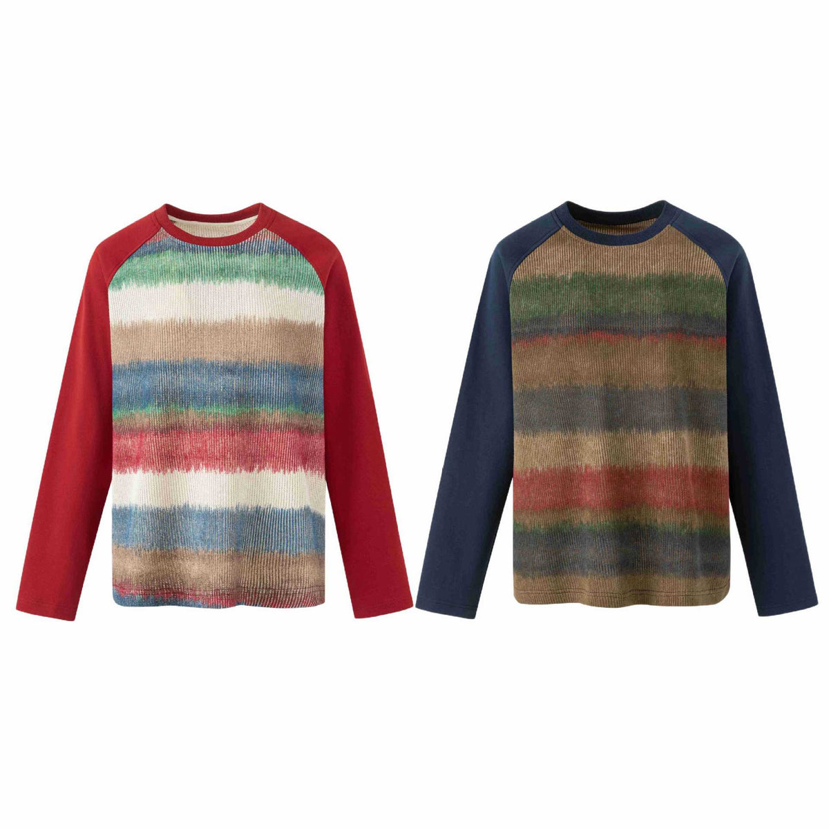 Patchwork Loose Color Gradient Round Neck Raglan Long Sleeve T-Shirt