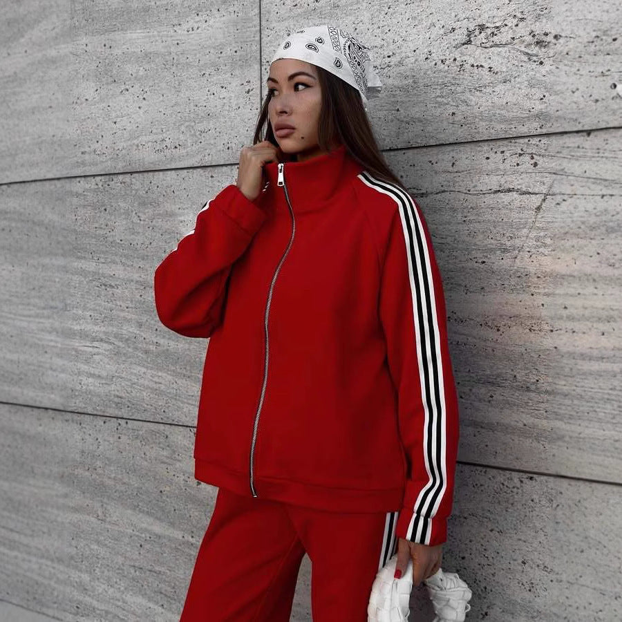 Sporty Casual Hooded Jacket Loose Color-block Striped Wide-leg Pants Two-piece Set for Women