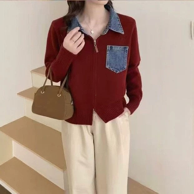 Collar denim patchwork fake two-piece knitted cardigan jacket