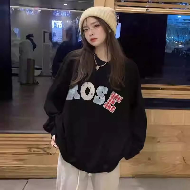 Letter Print Navy Blue Crewneck Sweatshirt Loose Lazy Casual Versatile Couple's Top