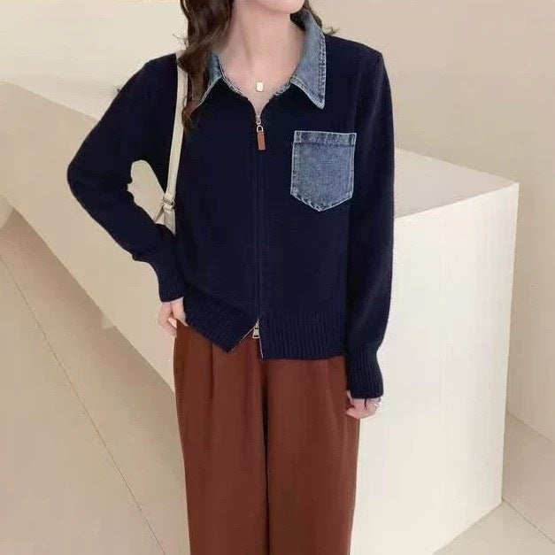 Collar denim patchwork fake two-piece knitted cardigan jacket