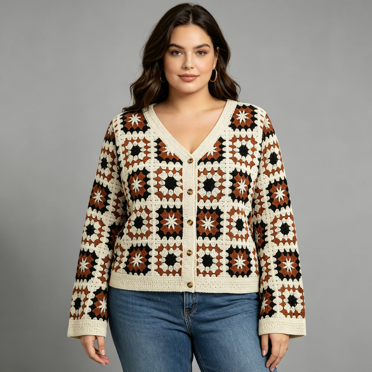Square cardigan V-neck long sleeved hollowed out top