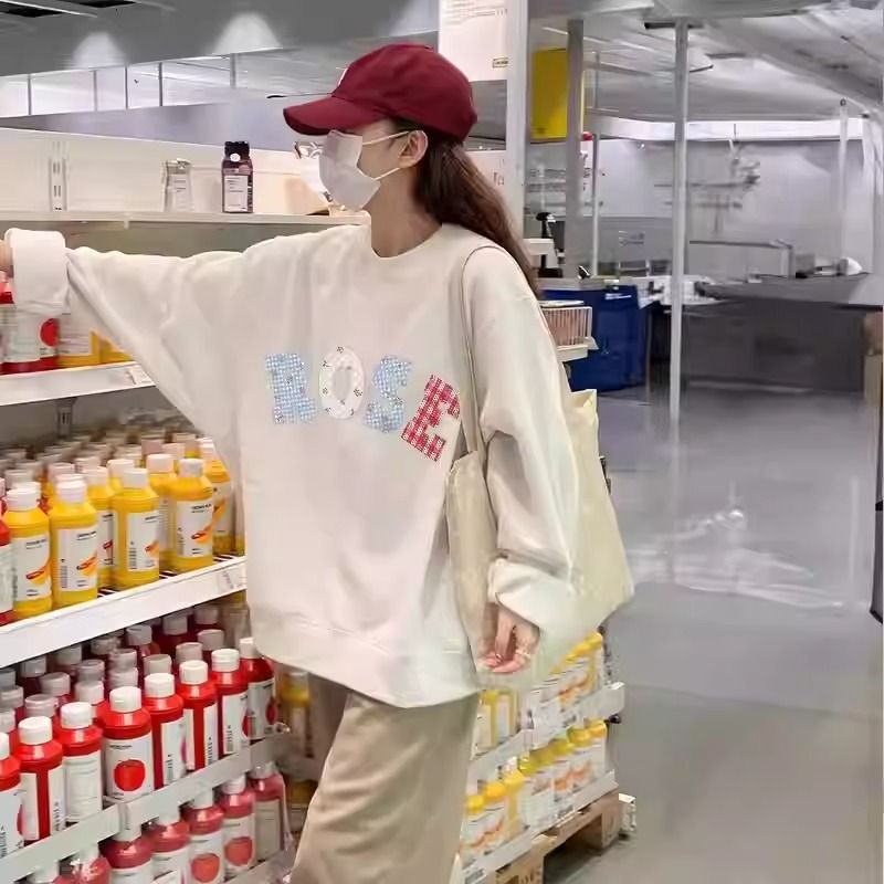 Round Neck Sweatshirt for Women, Loose Fit, Versatile, Fleece Lined, Casual Commute Hoodless Top