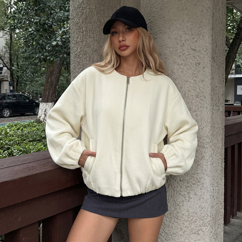 Solid color loose stand up collar zipper jacket