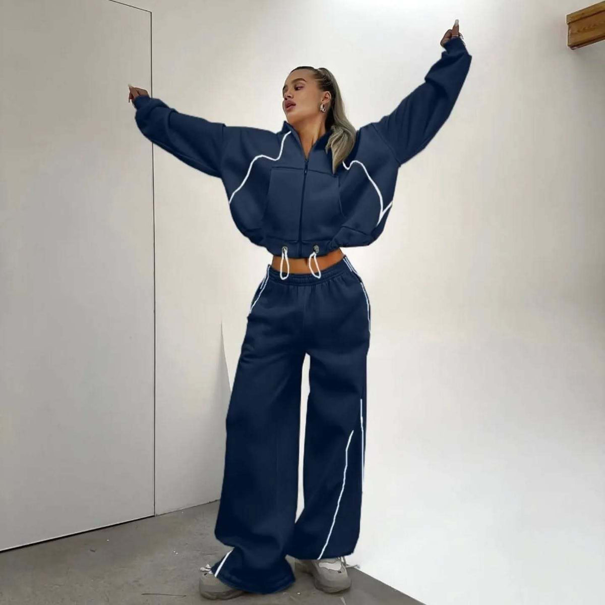 Women's Color-Block Hooded Zip-Up Set | Loose Straight-Leg Pants