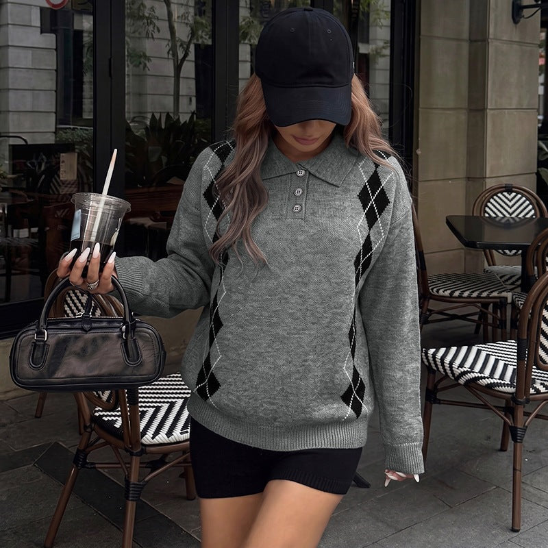 Loose diamond grid Polo collar sweater