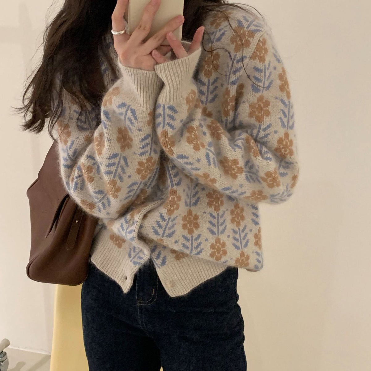 Retro jacquard sweater women's round neck cardigan jacket
