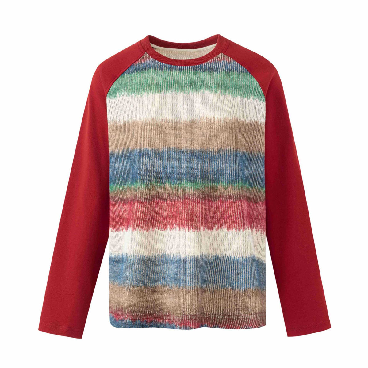 Patchwork Loose Color Gradient Round Neck Raglan Long Sleeve T-Shirt