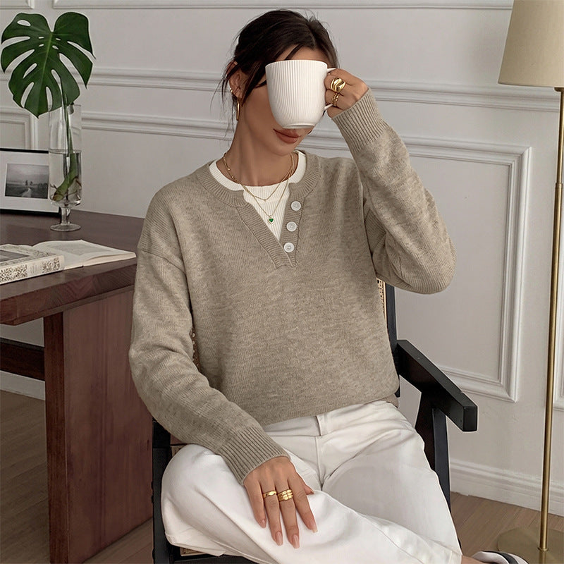 Loose V-neck fake two sweaters for women