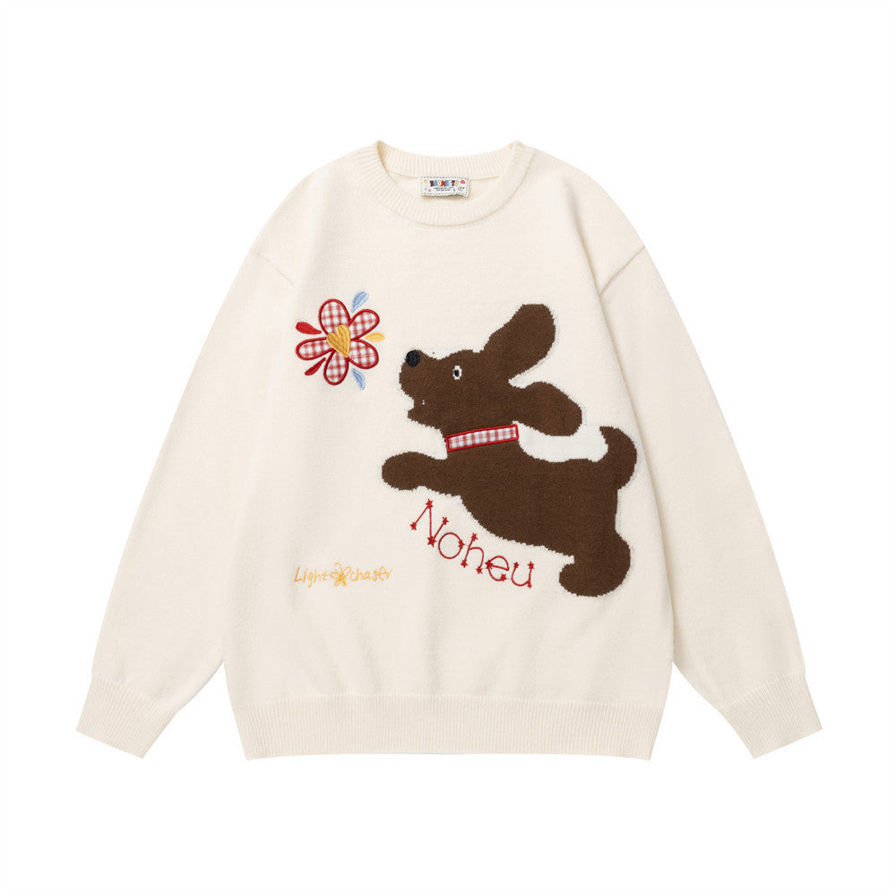 Dog cartoon jacquard round neck sweater