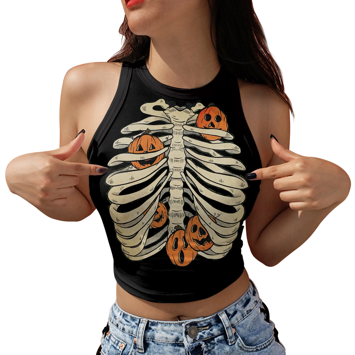 Skeleton Head Digital Print Short Crop Top for Summer